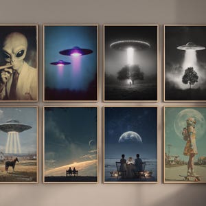 100 UFO Wand Kunst UFO Poster Druck Alien Wand Kunst Sci Fi Poster Surrealer Wanddruck Retro UFO Art Alien Entführung Poster Für Büro druckbar Bild 6