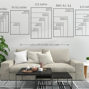 May include: Image displaying print sizes in cm and inches, including 3:4, 11:14, 2:3, ISO A1-A4, and 4:5 ratios. A sofa, 193 cm wide, is positioned below the print size examples.