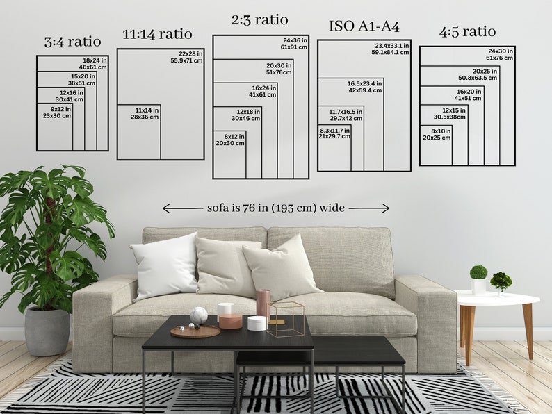 May include: Image displaying print sizes in cm and inches, including 3:4, 11:14, 2:3, ISO A1-A4, and 4:5 ratios. A sofa, 193 cm wide, is positioned below the print size examples.