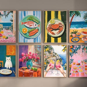 May include: Set of 8 colorful framed paintings featuring various scenes, including a cat, fish, crab, flowers, and a cityscape. The paintings are all in a similar style with bright colors and bold lines.