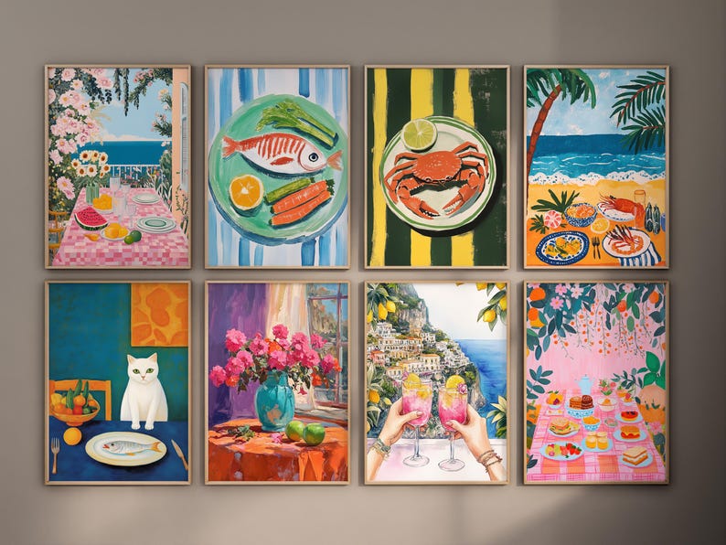 May include: Set of 8 colorful framed paintings featuring various scenes, including a cat, fish, crab, flowers, and a cityscape. The paintings are all in a similar style with bright colors and bold lines.