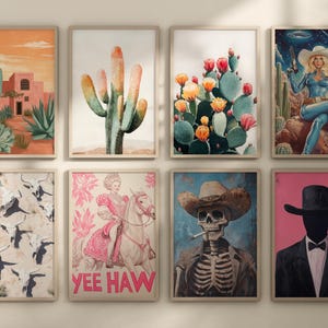 May include: A set of 10 framed prints with various western themes. The prints feature cacti, flowers, a skeleton cowboy, a cowgirl, and a cowboy silhouette. The prints are all in a rustic style and would be perfect for a western-themed home.