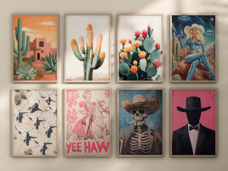 May include: A set of 10 framed prints with various western themes. The prints feature cacti, flowers, a skeleton cowboy, a cowgirl, and a cowboy silhouette. The prints are all in a rustic style and would be perfect for a western-themed home.