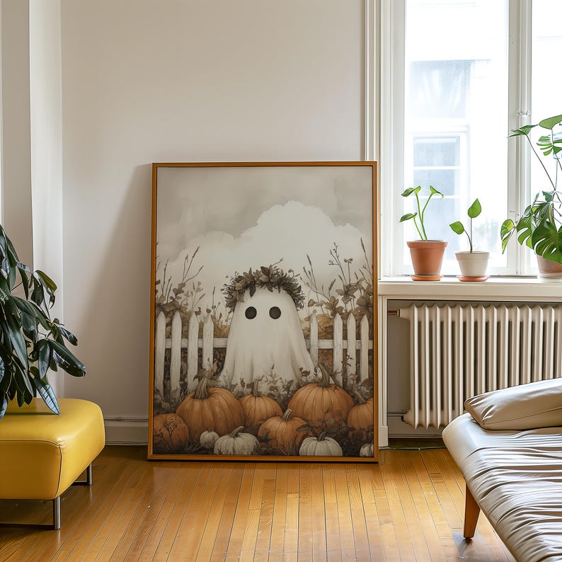 Cute Ghost Wall Art Halloween Poster Ghost Print Pumpkin Wall Art Trendy Halloween Painting Aesthetic Halloween Printable Wall Decor image 4