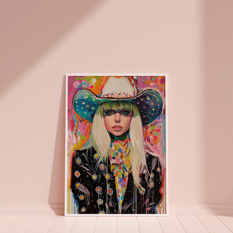 May include: A colorful painting of a person wearing a large, blue and white cowboy hat with a white background. The person has green hair and is wearing a black jacket with white polka dots.