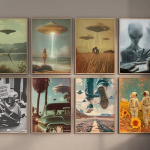May include: A collection of eight framed art prints with vintage-style illustrations. The artwork features themes of UFOs, aliens, and retro sci-fi scenes. Each print has a unique composition, including landscapes, figures, and surreal imagery.