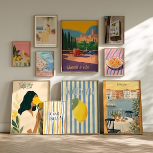 May include: A collection of framed art prints with Italian themes. The prints feature illustrations of lemons, coastal scenes, pasta, and Italian phrases like "Ciao Bella" and "La Dolce Vita." The color palette includes yellow, blue, and pink.
