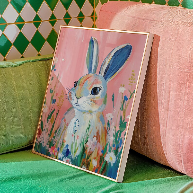 May include: A framed painting of a colorful rabbit in a field of flowers. The rabbit is painted in shades of blue, pink, and green, and the flowers are a mix of pink, white, and yellow. The background is a soft pink.