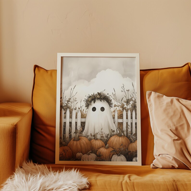 Cute Ghost Wall Art Halloween Poster Ghost Print Pumpkin Wall Art Trendy Halloween Painting Aesthetic Halloween Printable Wall Decor image 5