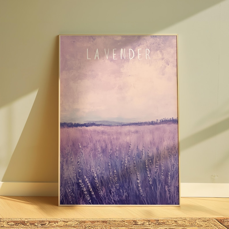 May include: A framed painting of a lavender field with a purple sky and the word "LAVENDER" written in white text.
