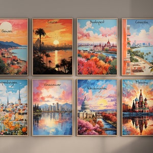 May include: A collage of eight paintings depicting cityscapes from around the world. Each painting features a different city, including Genoa, Cairo, Budapest, Cancun, Copenhagen, Vancouver, Washington, and Moscow. The paintings are all in a similar style, with bright colors and a painterly aesthetic.