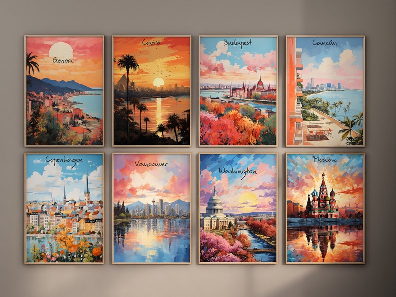 May include: A collage of eight paintings depicting cityscapes from around the world. Each painting features a different city, including Genoa, Cairo, Budapest, Cancun, Copenhagen, Vancouver, Washington, and Moscow. The paintings are all in a similar style, with bright colors and a painterly aesthetic.