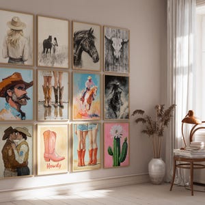 May include: A gallery wall with 12 framed prints featuring various western themes, including cowboys, horses, boots, and cacti. The prints are in a variety of styles, from realistic to abstract.