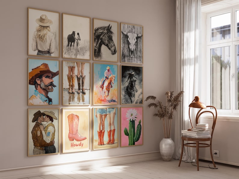 May include: A gallery wall with 12 framed prints featuring various western themes, including cowboys, horses, boots, and cacti. The prints are in a variety of styles, from realistic to abstract.