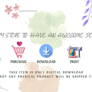 May include: A graphic illustration showing three easy steps to create a home decor project: purchase, download, and print. The illustration features a shopping cart, a download arrow, and a printer.