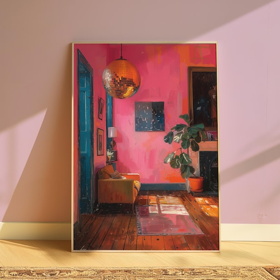 Retro Disco Ball Painting Wall Art Mirrorball Poster Gallery Wall Printable Aesthetic Painting Pink Retro Wall Decor Digital Download