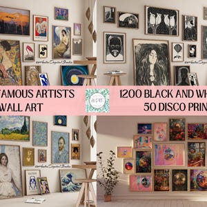 May include: A digital collection of wall art prints featuring 1500+ famous artist works, 1200 black and white art pieces, and 50 disco prints. The image displays various framed artworks arranged on walls, including portraits, landscapes, and abstract designs.