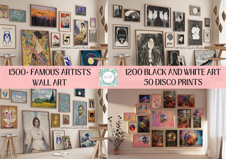 May include: A digital collection of wall art prints featuring 1500+ famous artist works, 1200 black and white art pieces, and 50 disco prints. The image displays various framed artworks arranged on walls, including portraits, landscapes, and abstract designs.