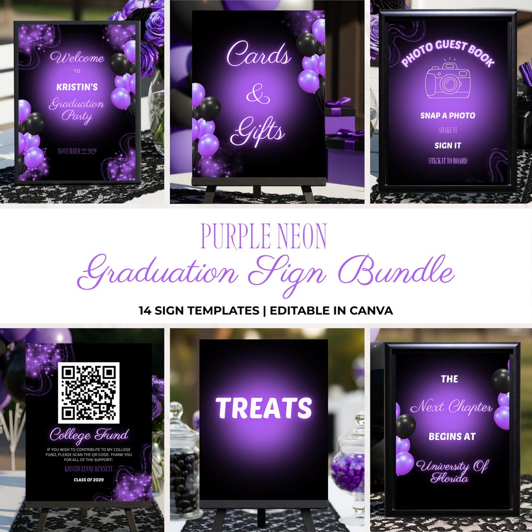 Neon Purple Graduation Sign Set, Purple Glitter Graduation Sign ...
