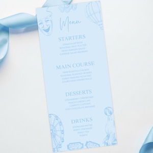 Editable Blue Circus Menu Template, Circus Theme Meny Digital Download, Blue Circus Baby Shower Menu - BCLPBS