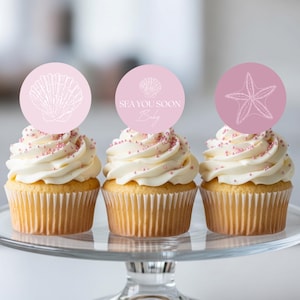 Rosa "Sea You Soon" babyshower-muffinsdekorationer, nautisk babyshowerdekoration, mall för kustnära babyshower-muffinsdekorationer, Sea You Soon - PSYBS