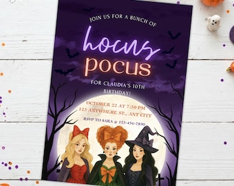 May include: A rectangular birthday invitation card featuring a purple night sky with bats, a large full moon, and three illustrated characters. Text reads: JOIN US FOR A BUNCH OF hocus pocus FOR CLAUDIA'S 10TH BIRTHDAY! OCTOBER 22 AT 7:30 PM 123 ANYWHERE ST., ANY CITY RSVP TO SARA @ 123-456-7890.