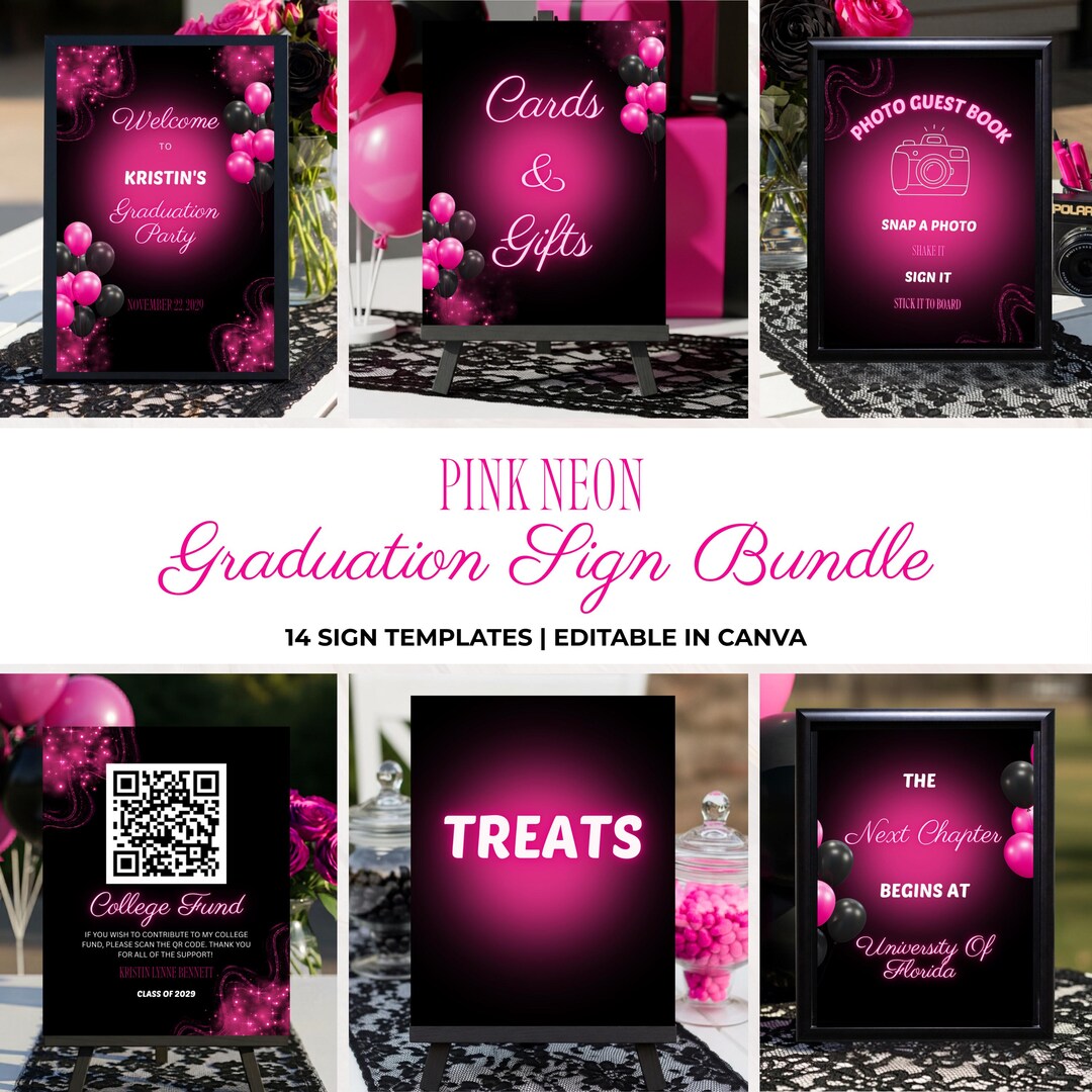 Neon Pink Graduation Sign Bundle, Pink and Black Graduation Sign Decor ...