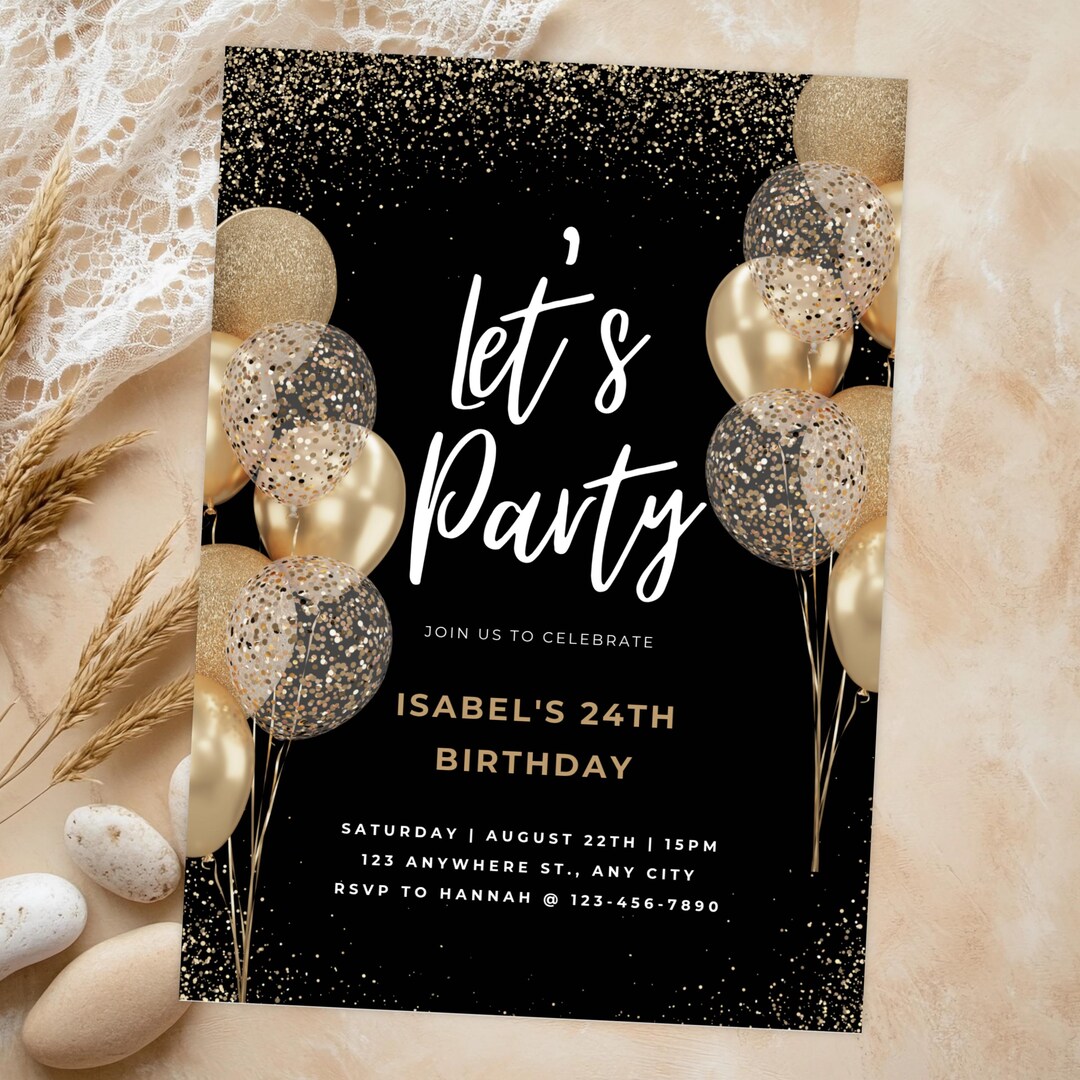 Editable Gold Glitter Birthday Invitation, Gold and Black Party ...