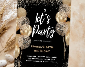 Editable Gold Glitter Birthday Invitation, Gold and Black Party Printable, Gold Balloons Invitation Template, Digital Download