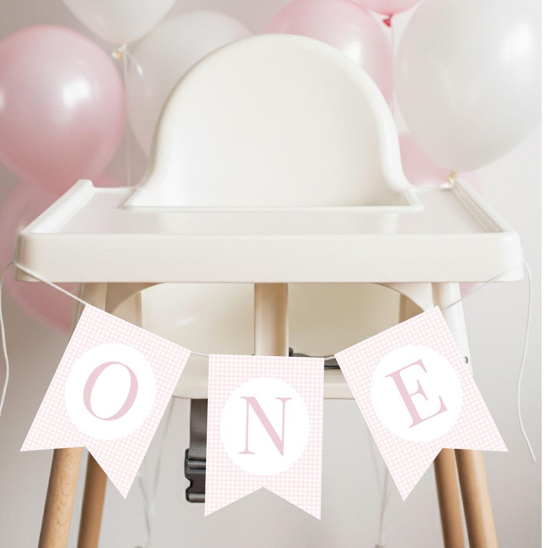 Pink Gingham First Birthday Banner, High Chair ONE Banner, First ...