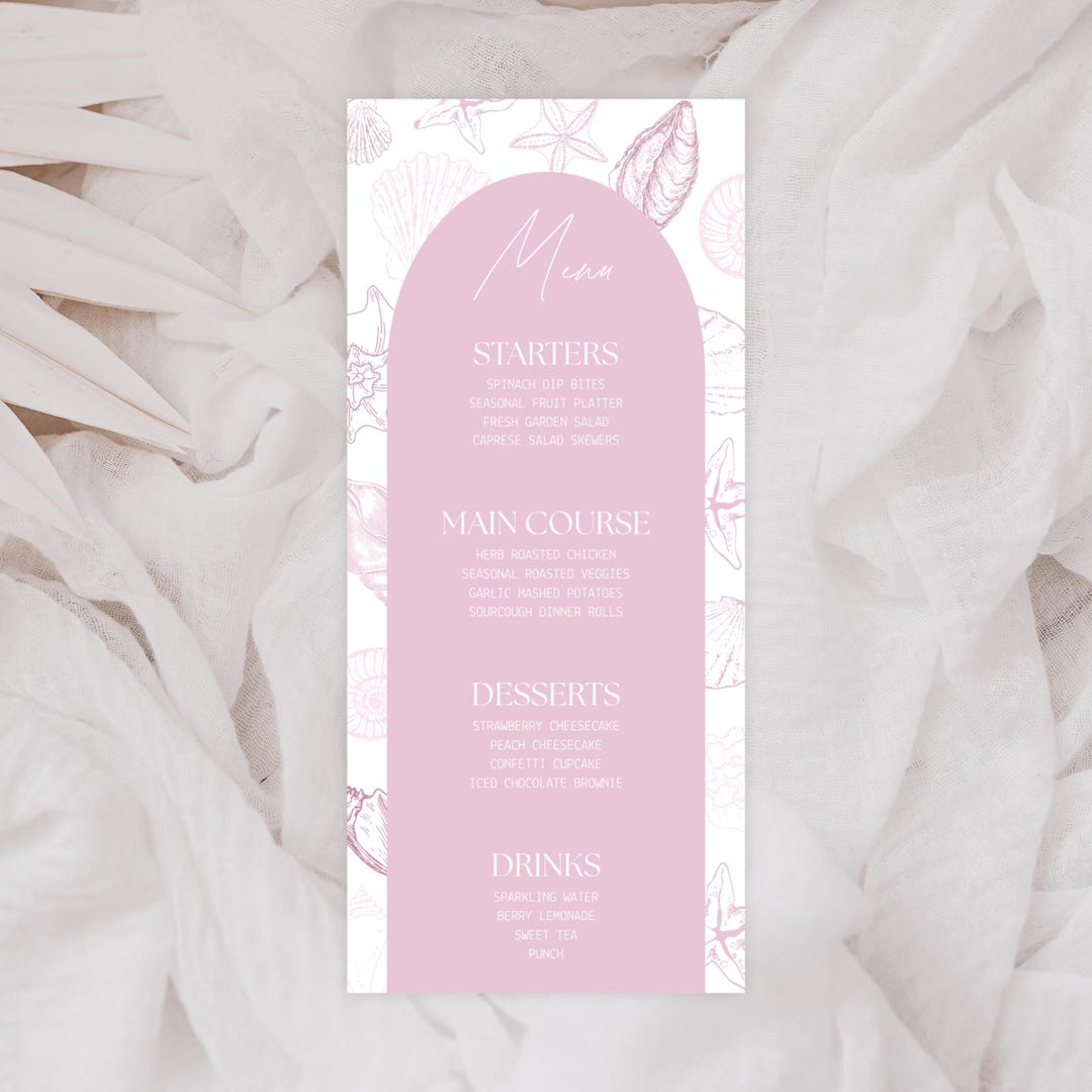 Pink Sea Shell Menu Template, Pink Ocean Themed Menu, Sea You Soon Baby ...
