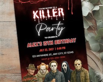Invito di compleanno horror killer, modello per festa a tema film horror stampabile e modificabile, tema ispirato a Halloween slasher, download digitale