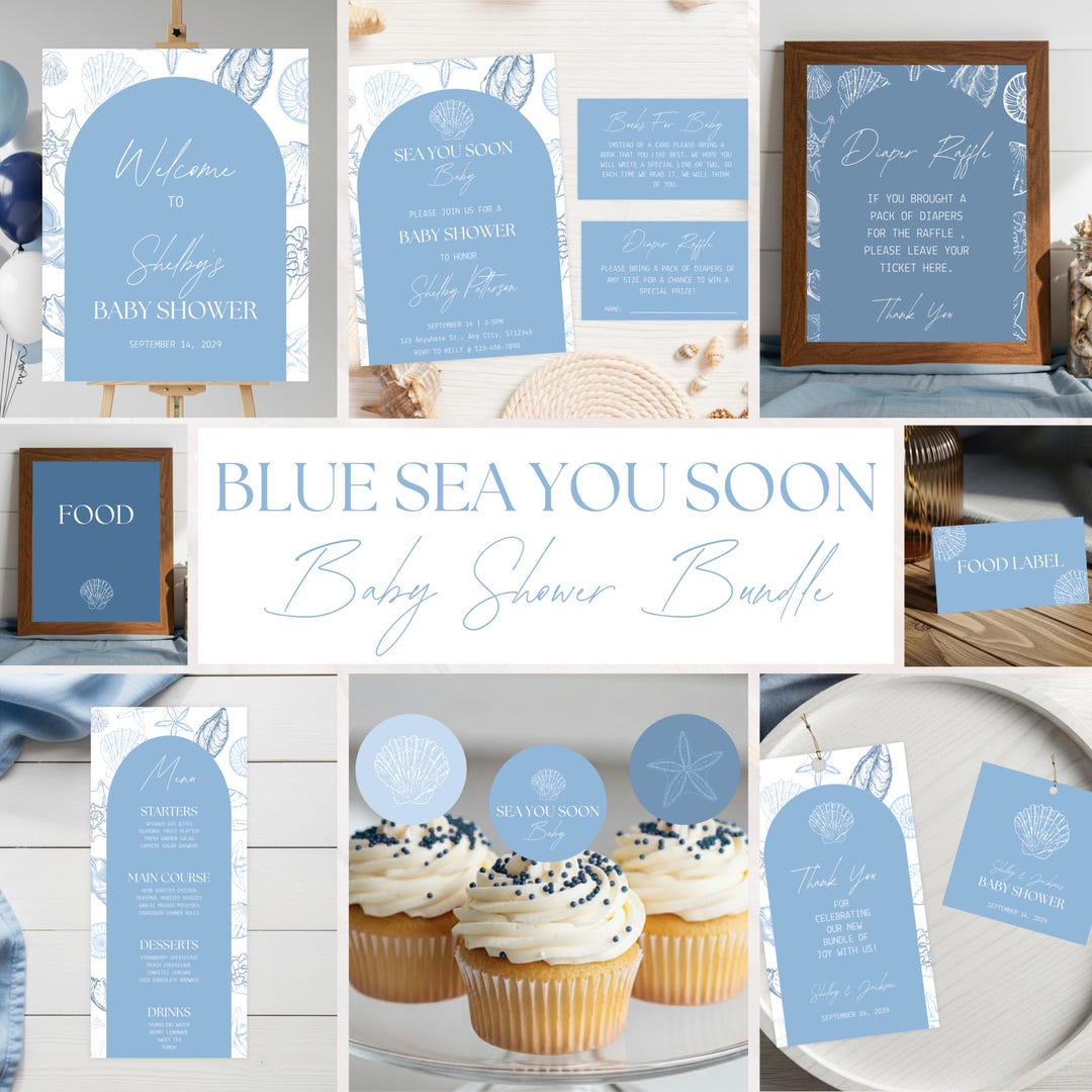 Blue Sea You Soon Baby Shower Bundle, Nautical Baby Shower Set, Coastal ...