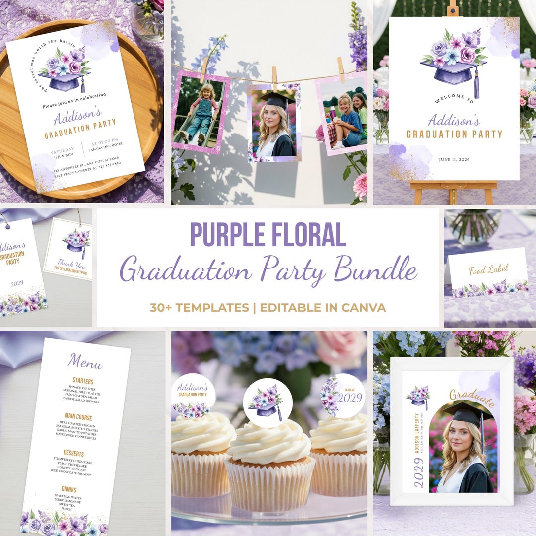 Purple Watercolor Floral Graduation Bundle, Purple Gold Boho Wildflower ...