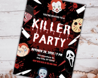 Invito di compleanno a tema film horror, invito per festa da assassino, invito a tema slasher, stampabile per fan dell'horror, download digitale