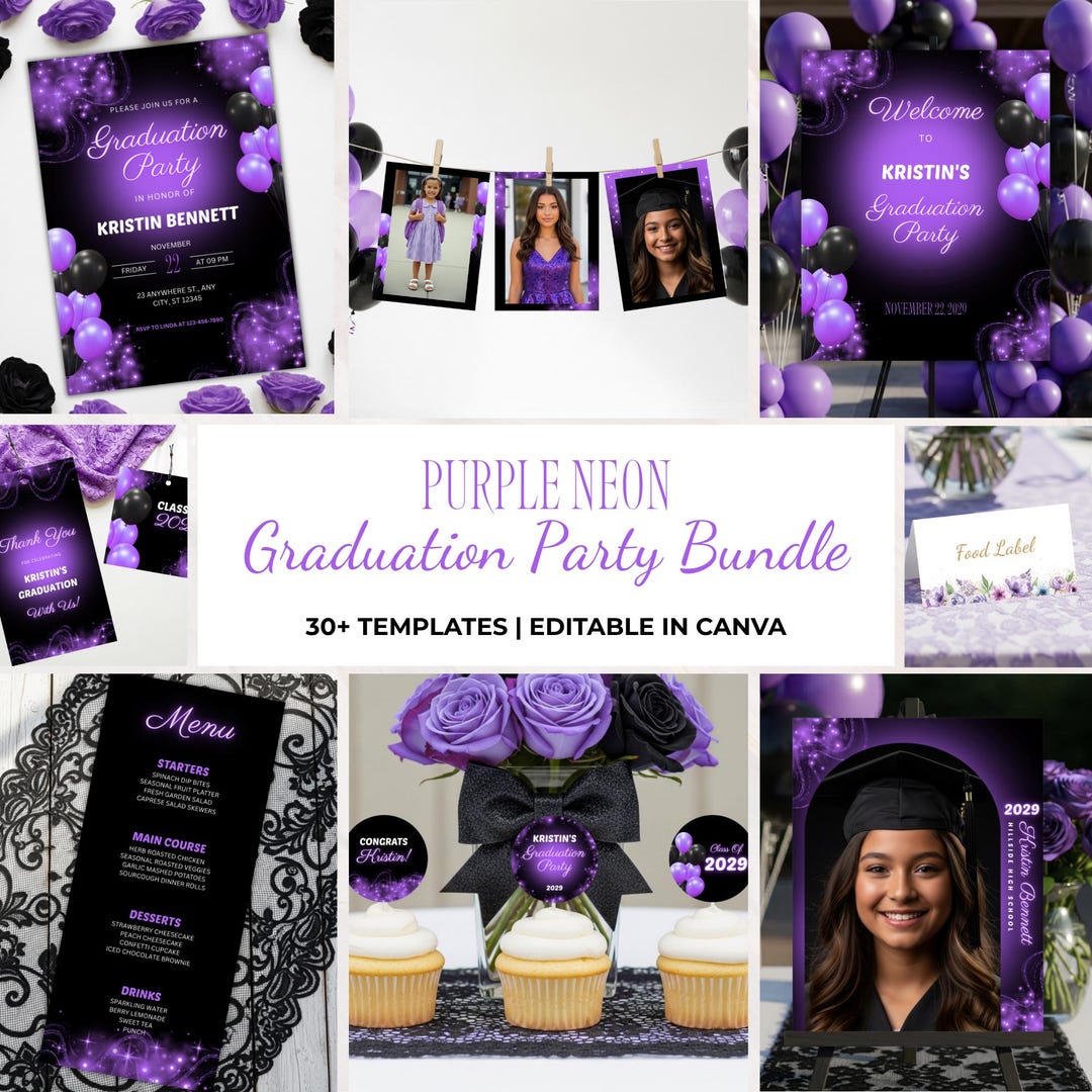 Neon Purple Graduation Party Bundle, Purple and Black Graduation Party ...