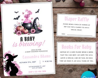 May include: A baby shower invitation set featuring a black cauldron with pink smoke, a witch hat, pumpkins, and bats. The text reads A BABY is brewing!, Diaper Raffle, and Books for Baby, with details for Cassandra Adams on October 5th, 2027.