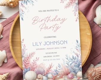 Beach Birthday Invitation, Nautical Party Printable, Editable Ocean Themed Invitation, Tropical Party Template, Beach Bash, Digital Download