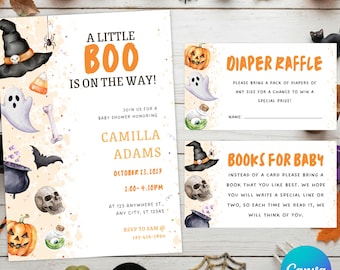 May include: A Halloween-themed baby shower invitation set featuring a large invitation, a diaper raffle card, and a books for baby card. The designs include watercolor illustrations of ghosts, pumpkins, skulls, bats, and witch hats with orange text.