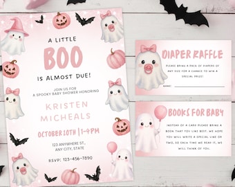 A Little Boo Is Almost Due Baby Shower Invitation, Pink Halloween Baby Shower, Ghost Baby Shower Invite, Editable Canva Template