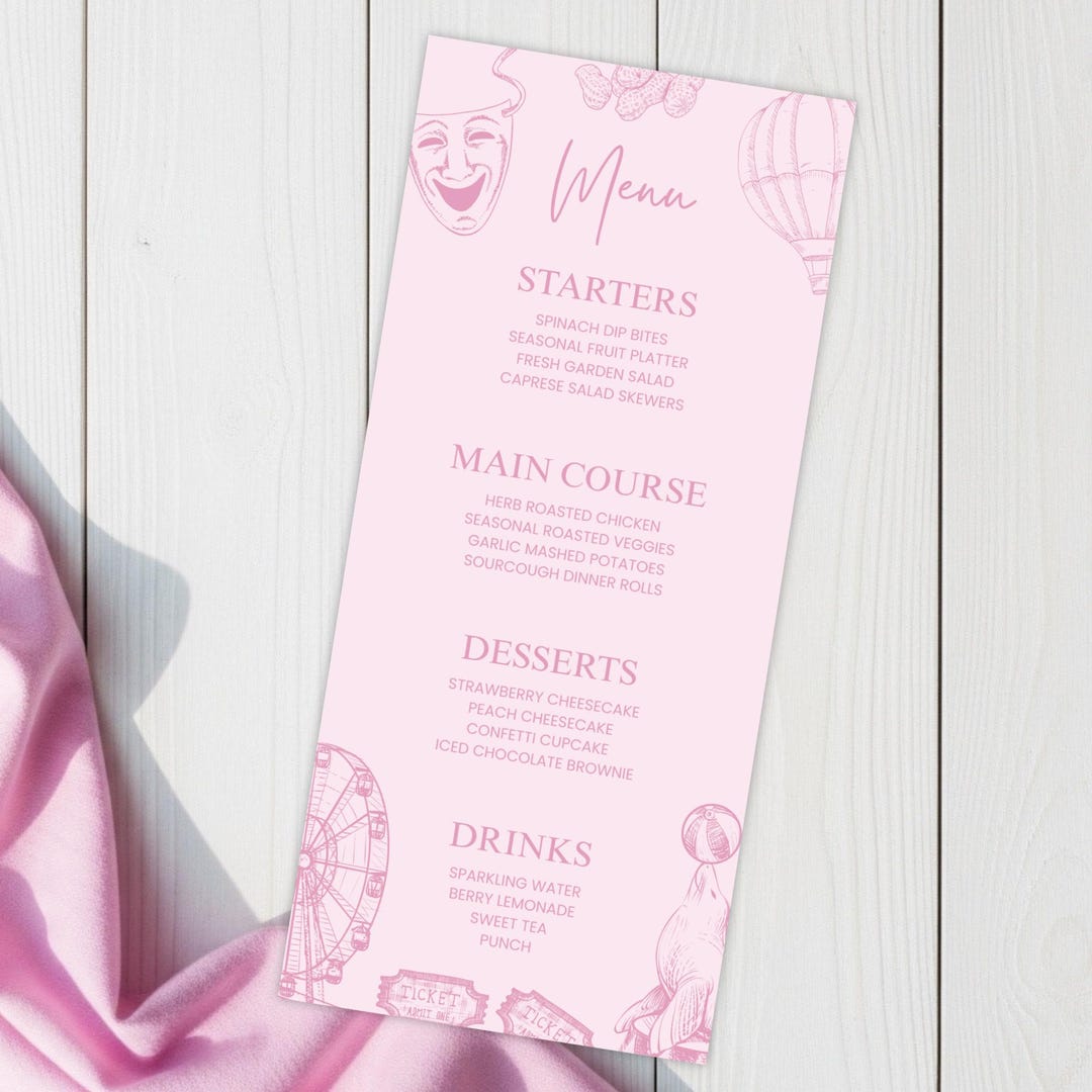Editable Pink Circus Menu, Circus Theme Menu Template, Circus Baby ...