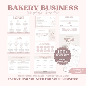 May include: A pink and white bakery business template bundle with various forms, cards, and checklists. Includes business cards, order forms, care cards, and a price list. The text reads "BAKERY BUSINESS template bundle" and "EVERYTHING YOU NEED FOR YOUR BUSINESS!"