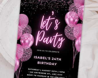 Editable Pink Balloons Birthday Invitation, Printable Pink And Black Party Invitation, Pink Glitter Birthday Digital Download, Pink Sparkly