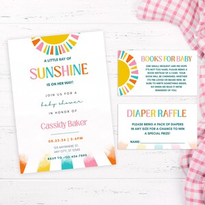 Little Ray Of Sunshine Baby Shower Invitation, Editable Baby Shower Invitation Template, Baby Girl Sunshine Invite, Printable, Diaper Raffle