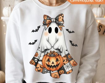 Cute Patchwork Ghost PNG, Halloween Ghost With Bow, Coquette Ghost PNG, Girly Halloween Design, Spooky Season Sublimation
