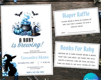 Op de afbeelding: Een babyshower uitnodigingsset met een zwarte ketel, blauwe rook, een heksenhoed en een pompoen. De tekst luidt A BABY is brewing! samen met evenementdetails voor Cassandra Adams en bijpassende Diaper Raffle en Books For Baby kaartjes.