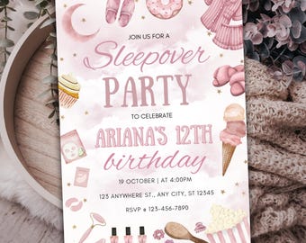女の子向けお泊まり会の誕生日招待状、お泊まり会の誕生日印刷物、パジャマパーティーのテンプレート、女の子向け誕生日招待状、デジタルダウンロード