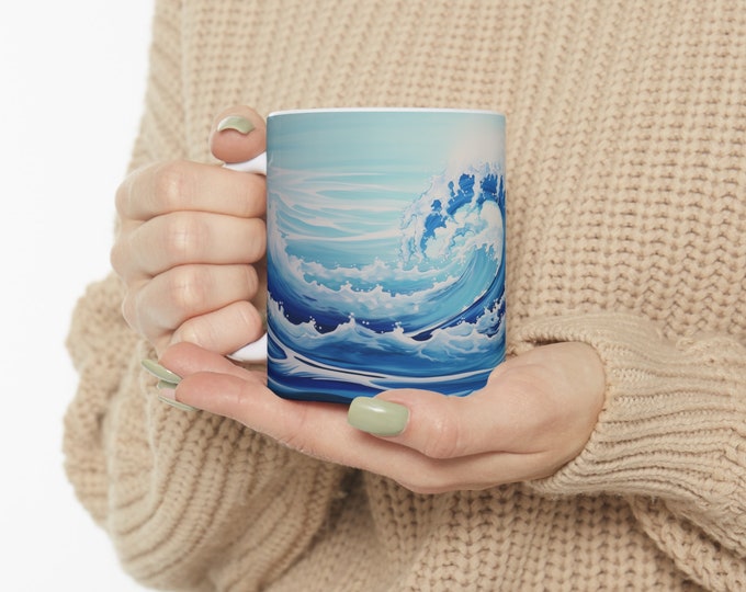 Ocean Wave Coffee Mug, Relaxation Gift for Women, 15oz Ceramic Coffee Meditation Mug, Ocean Living Tea Cup, Watercolour Mugs Mindfulness