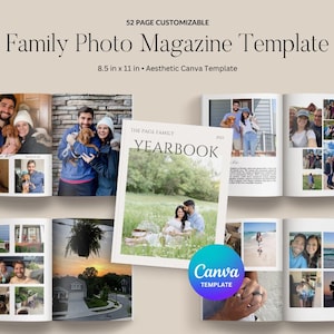 May include: A 52-page customizable family photo magazine template in a white cover with the text "The Page Family Yearbook 2021" and a Canva template logo. The template is 8.5 inches by 11 inches.