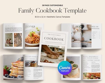 Könnte beinhalten: Eine anpassbare Familienkochbuchvorlage mit 38 Seiten im Format 8,5 x 11 Zoll. Die Vorlage verfügt über einen weißen Hintergrund mit schwarzem Text und Bildern von Speisen, darunter Pasta, Pfannkuchen und ein Panini. Das Cover des Kochbuchs trägt den Titel "The Page Family Cookbook" in einer dekorativen Schriftart.